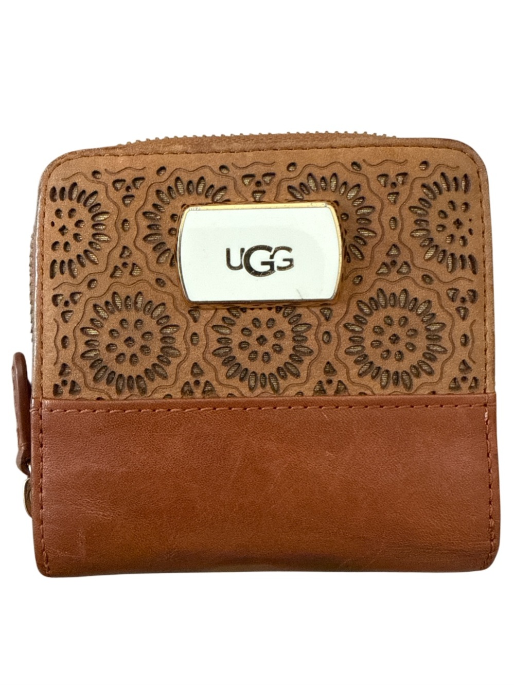 UGG Brown Two-Tone Leather Zip Around Wallet Floral Perforated Cutout